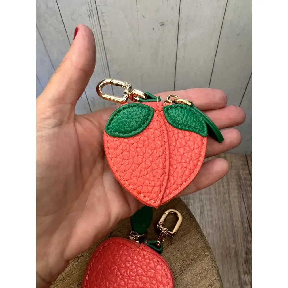 Set of 2 Strawberry Peach Pouch Purse Charms Fruit Keychains NeW FAST SHIP